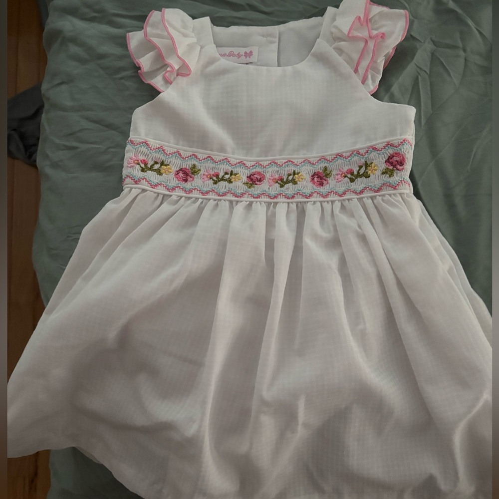 Bonnie Baby White Dress with Pink Floral Embroidery